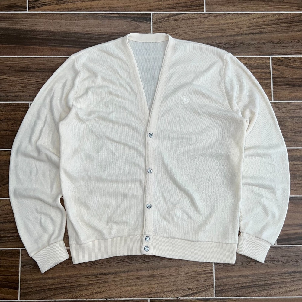 Vintage Izod Lacoste Men's Ivory 80s Orlon Acrylic Knit Cardigan Sweater Size L